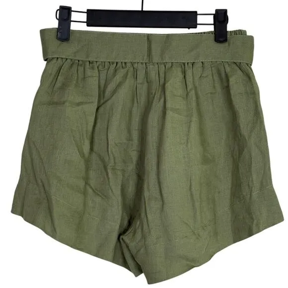 Free the Label Florence High Waisted Linen Wide Leg Shorts Pockets S Olive Green