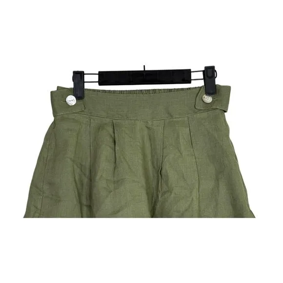 Free the Label Florence High Waisted Linen Wide Leg Shorts Pockets S Olive Green