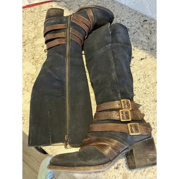 Freebird by Steven FB-Jules Blueish Black Suede Leather Side Zip Boots Size 7