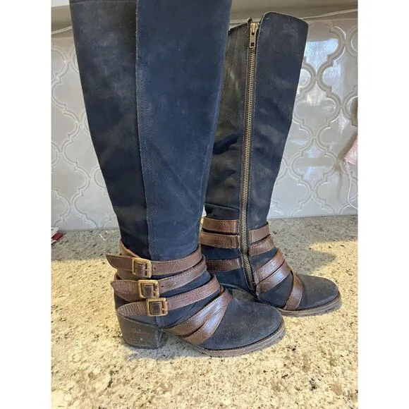Freebird by Steven FB-Jules Blueish Black Suede Leather Side Zip Boots Size 7