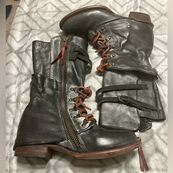 Freebird Ravi, Gray Black Vintage Moto Boots with Side Zipper