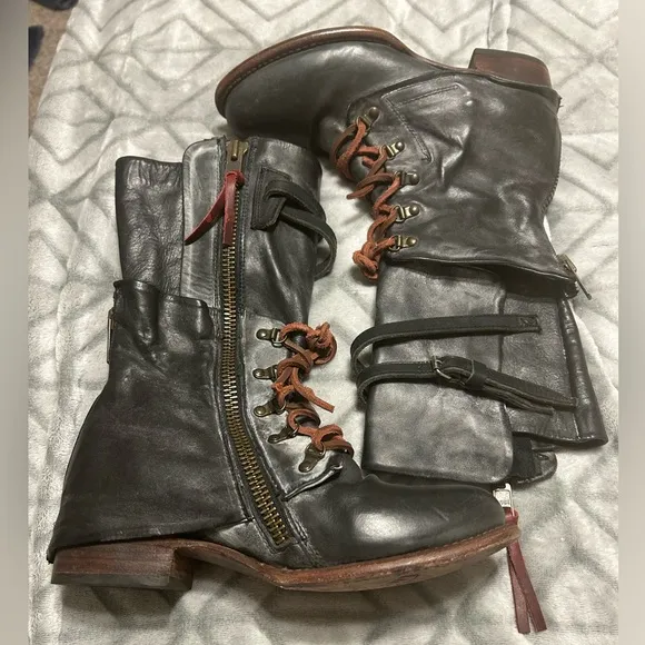 Freebird Ravi, Gray Black Vintage Moto Boots with Side Zipper