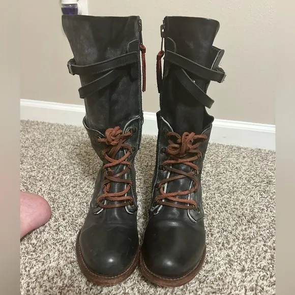 Freebird Ravi, Gray Black Vintage Moto Boots with Side Zipper