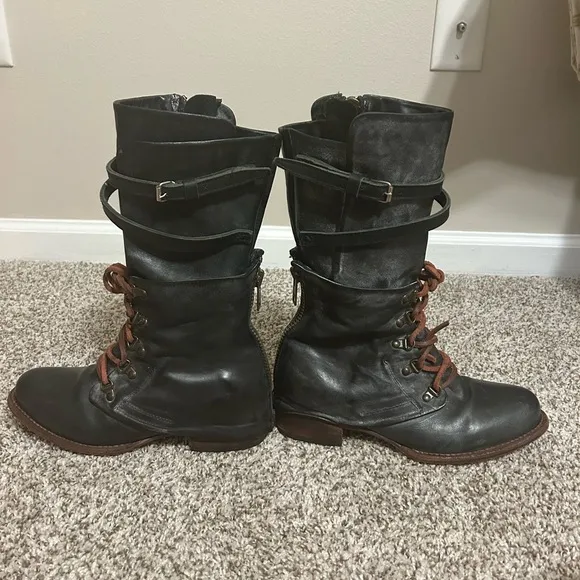 Freebird Ravi, Gray Black Vintage Moto Boots with Side Zipper