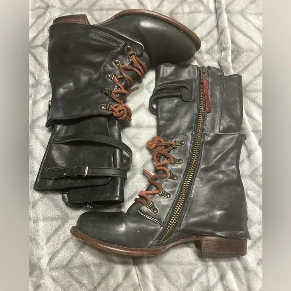 Freebird Ravi, Gray Black Vintage Moto Boots with Side Zipper