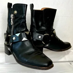 Frye Black Moto Boots W/Studded Accents, Made in Italy, Women’s 9.5