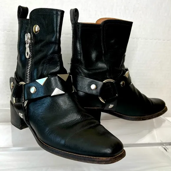 Frye Black Moto Boots W/Studded Accents, Made in Italy, Women’s 9.5