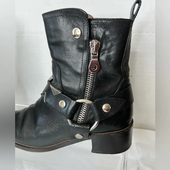 Frye Black Moto Boots W/Studded Accents, Made in Italy, Women’s 9.5