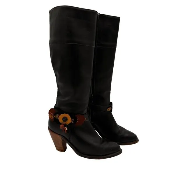 Frye Black Tall Leather Western Boots with Feather Detail Size 6 B