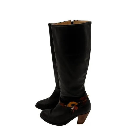 Frye Black Tall Leather Western Boots with Feather Detail Size 6 B