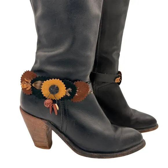 Frye Black Tall Leather Western Boots with Feather Detail Size 6 B