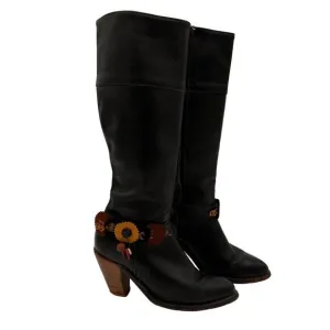 Frye Black Tall Leather Western Boots with Feather Detail Size 6 B