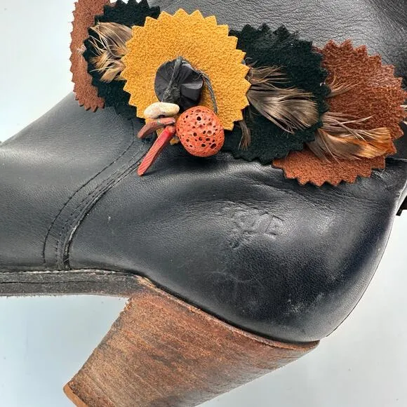 Frye Black Tall Leather Western Boots with Feather Detail Size 6 B