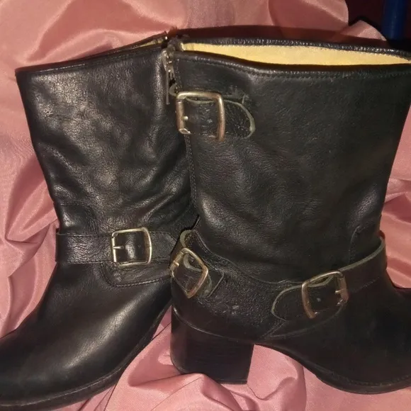 Frye Buckle Moto Ankle Boots Vicky, black