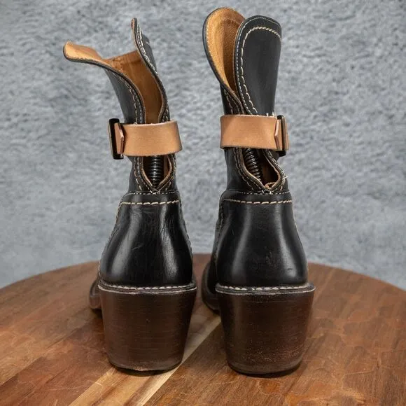 Frye Carmen Shortie Pull On Buckle Wood Heel Round Toe Black Ankle Boots 6.5 ***