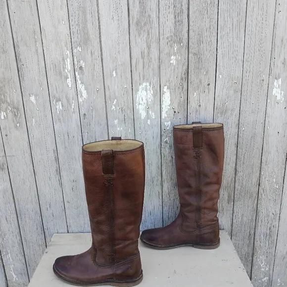 Frye Celia x Stitch Tall Riding Boots Womens Size 6B Tan Brown Leather Pull on