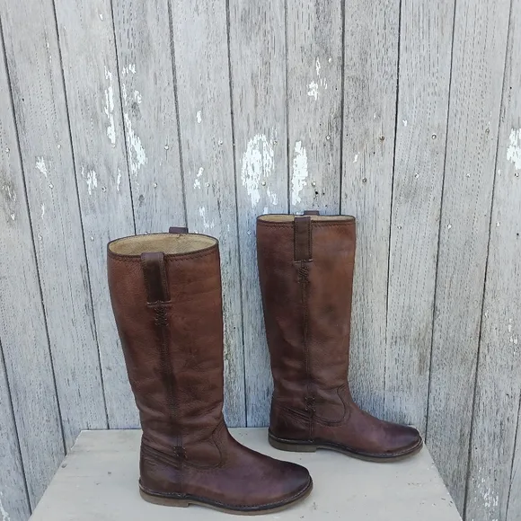 Frye Celia x Stitch Tall Riding Boots Womens Size 6B Tan Brown Leather Pull on