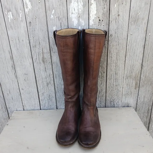 Frye Celia x Stitch Tall Riding Boots Womens Size 6B Tan Brown Leather Pull on