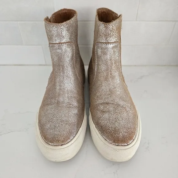 Frye Gia Side Zip Distressed Metallic Leather High Top Sneakers Ankle Boots Gold