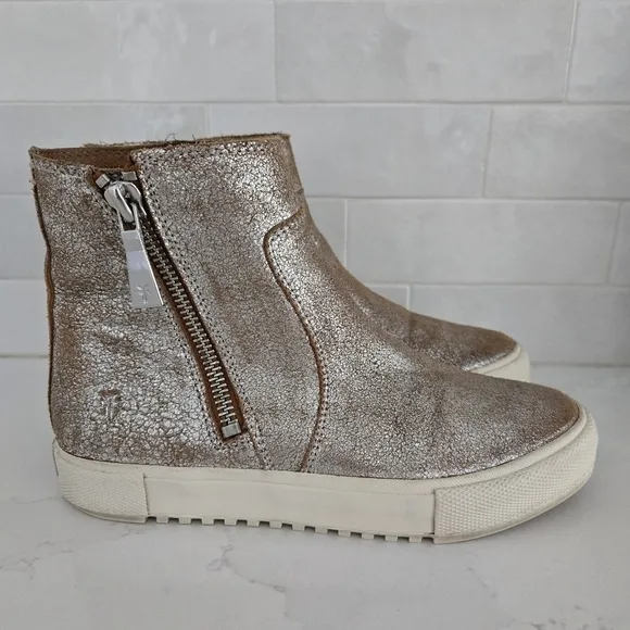 Frye Gia Side Zip Distressed Metallic Leather High Top Sneakers Ankle Boots Gold
