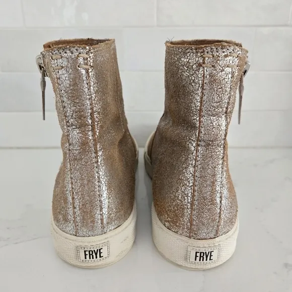 Frye Gia Side Zip Distressed Metallic Leather High Top Sneakers Ankle Boots Gold
