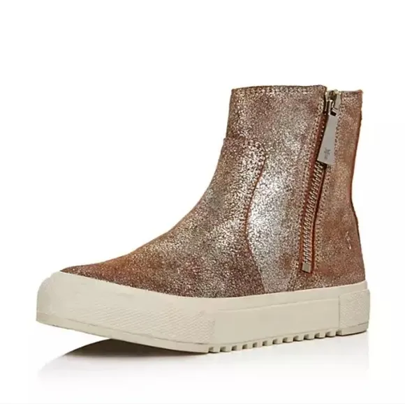 Frye Gia Side Zip Distressed Metallic Leather High Top Sneakers Ankle Boots Gold