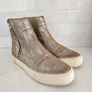 Frye Gia Side Zip Distressed Metallic Leather High Top Sneakers Ankle Boots Gold