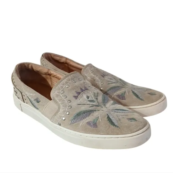 Frye Ivy Embroidered Sneakers size 10 Women's Studded Suede Slip On Shoes