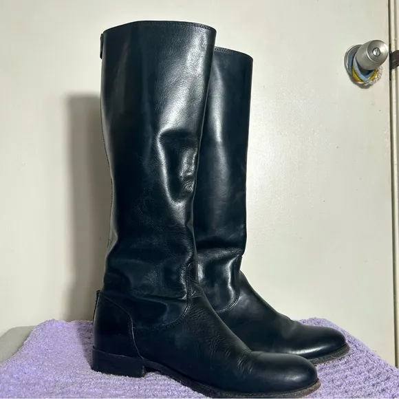 Frye Melissa Button Back Zip Leather Riding Boots Black Equestrian Women SZ 8.5