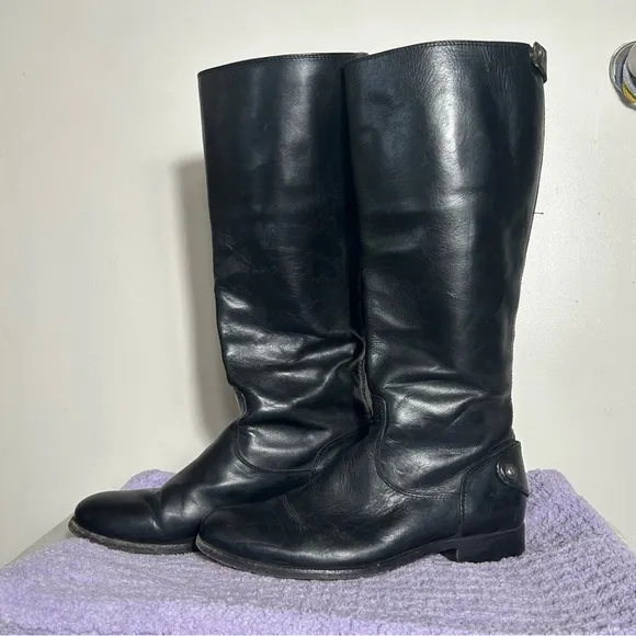 Frye Melissa Button Back Zip Leather Riding Boots Black Equestrian Women SZ 8.5