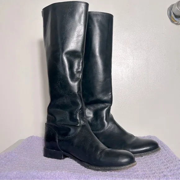 Frye Melissa Button Back Zip Leather Riding Boots Black Equestrian Women SZ 8.5
