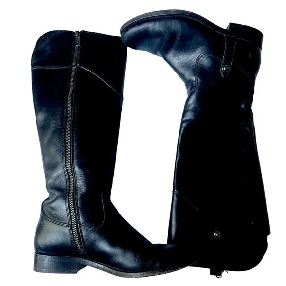 Frye Melissa Tab Black Leather Tall Knee High Side Zip Riding Boots Women's 6
