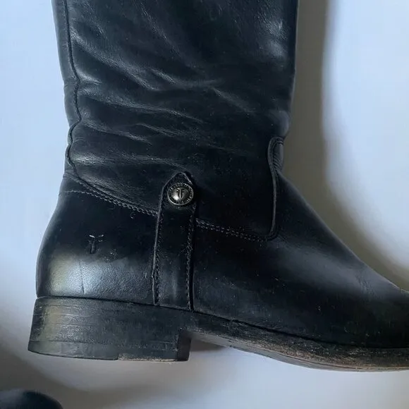 Frye Melissa Tab Black Leather Tall Knee High Side Zip Riding Boots Women's 6