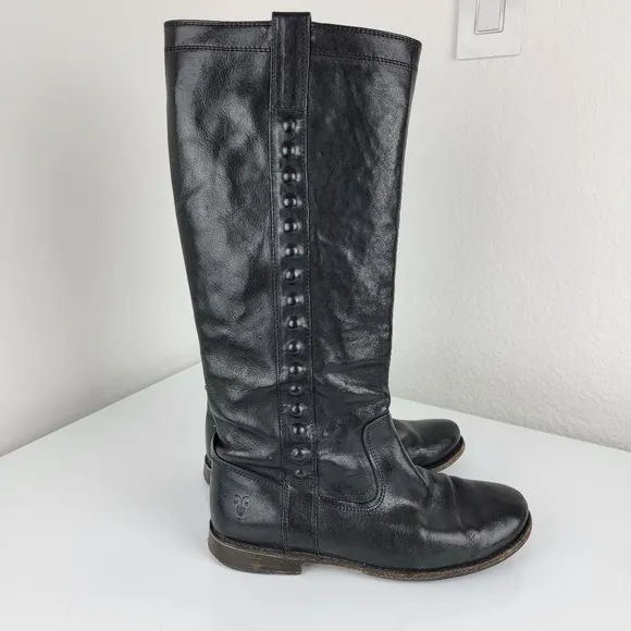 Frye Paige Studded Tall Riding Leather Boots Black 7.5