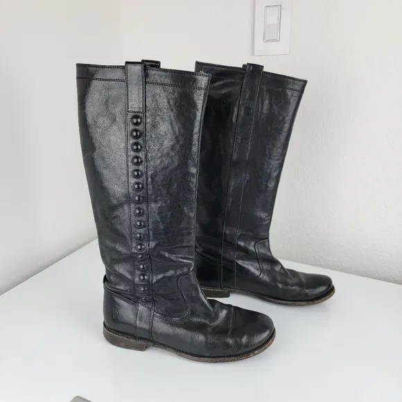 Frye Paige Studded Tall Riding Leather Boots Black 7.5