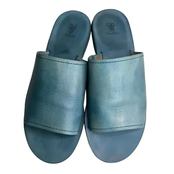 FRYE Robin Slide Women’s Blue Leather Sandals Slip On, Slides Shoes. Size 7