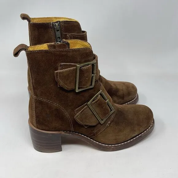 Frye Sabrina Boots Womens 5.5 Brown Suede Double Buckle Side Zip Ankle USA Made
