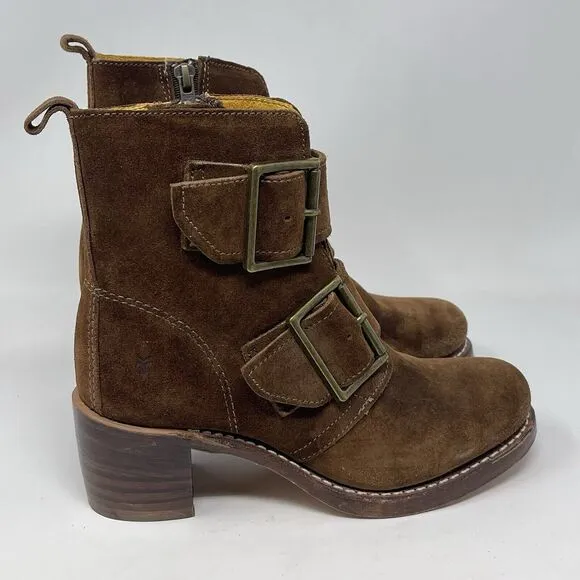 Frye Sabrina Boots Womens 5.5 Brown Suede Double Buckle Side Zip Ankle USA Made