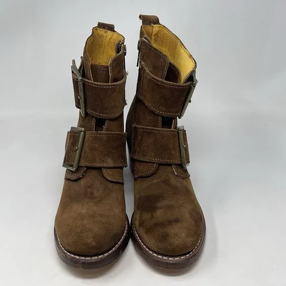 Frye Sabrina Boots Womens 5.5 Brown Suede Double Buckle Side Zip Ankle USA Made