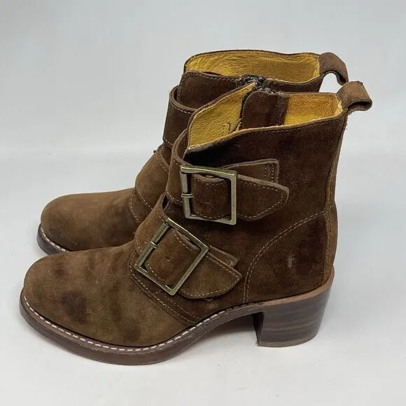 Frye Sabrina Boots Womens 5.5 Brown Suede Double Buckle Side Zip Ankle USA Made