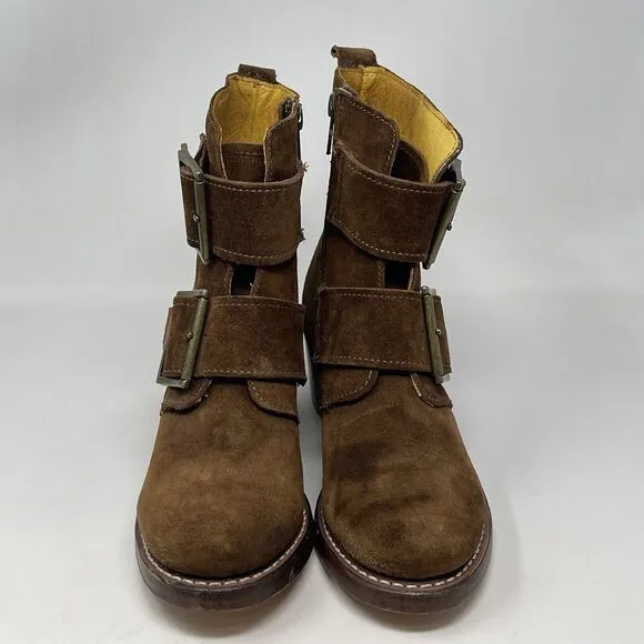 Frye Sabrina Boots Womens 5.5 Brown Suede Double Buckle Side Zip Ankle USA Made
