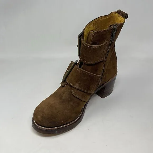 Frye Sabrina Boots Womens 5.5 Brown Suede Double Buckle Side Zip Ankle USA Made