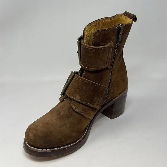 Frye Sabrina Boots Womens 5.5 Brown Suede Double Buckle Side Zip Ankle USA Made