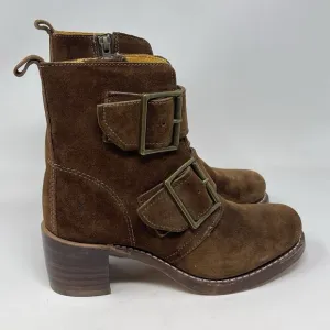 Frye Sabrina Boots Womens 5.5 Brown Suede Double Buckle Side Zip Ankle USA Made