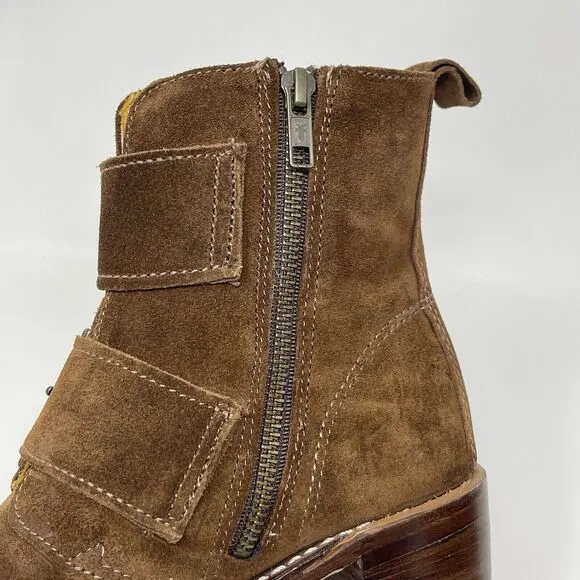 Frye Sabrina Boots Womens 5.5 Brown Suede Double Buckle Side Zip Ankle USA Made