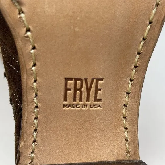 Frye Sabrina Boots Womens 5.5 Brown Suede Double Buckle Side Zip Ankle USA Made