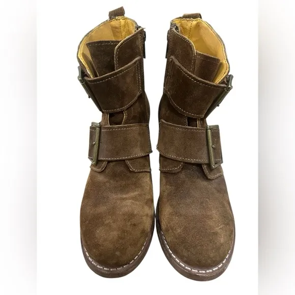 Frye Sabrina Boots Womens 8.5 Brown Suede Double Buckle Side Zip Ankle B7