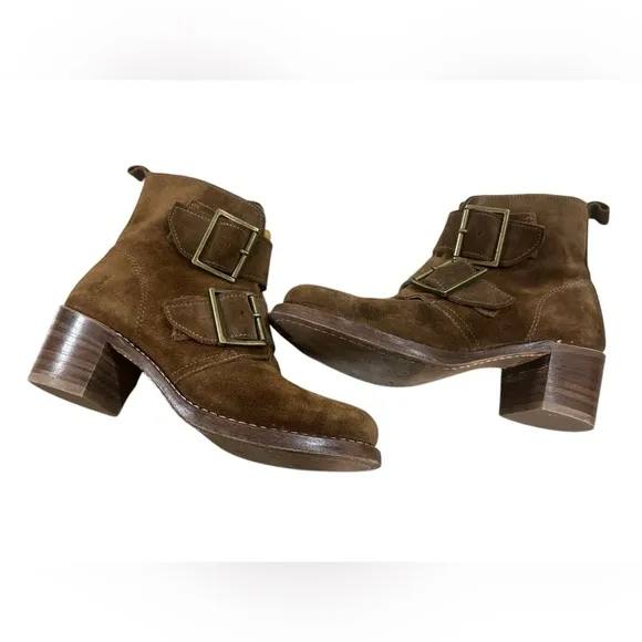 Frye Sabrina Boots Womens 8.5 Brown Suede Double Buckle Side Zip Ankle B7