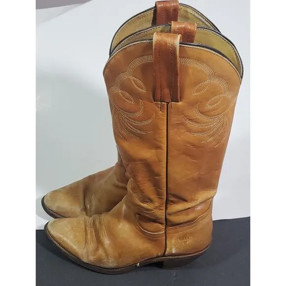 Frye Unisex Western Cowboy Cattleman Boots Size 9D Leather Tan USA