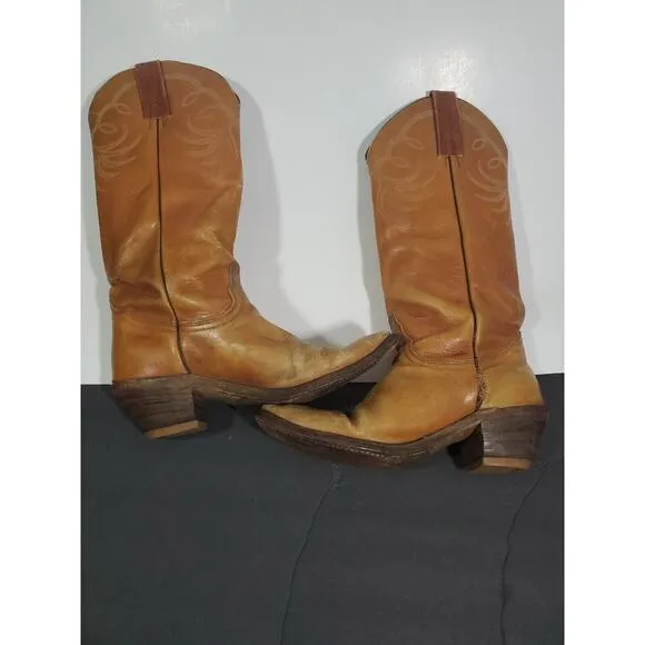 Frye Unisex Western Cowboy Cattleman Boots Size 9D Leather Tan USA